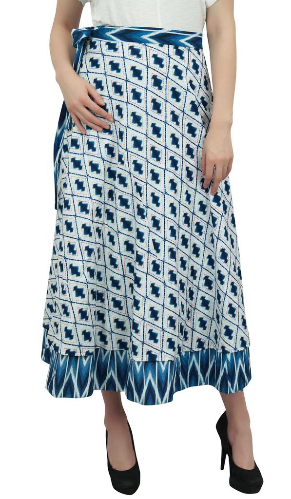Phagun Indian Dress Reversible Ikat Printed Cotton Blue Boho Chic Wrap Skirt