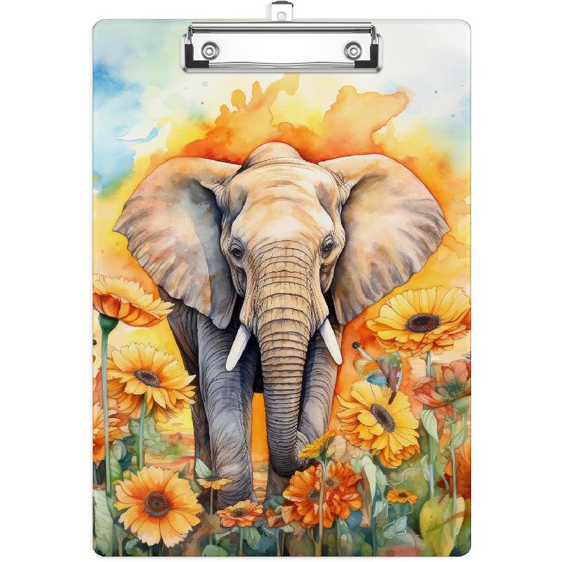 Flowers Butterfly Plastic Clipboards,Cute Fashion Watercolor Clipboard Decorative 8.5  x 12.5 Standard A4 Size Clipboards,Acrylic Clipboard for African Elephant Sunflowe