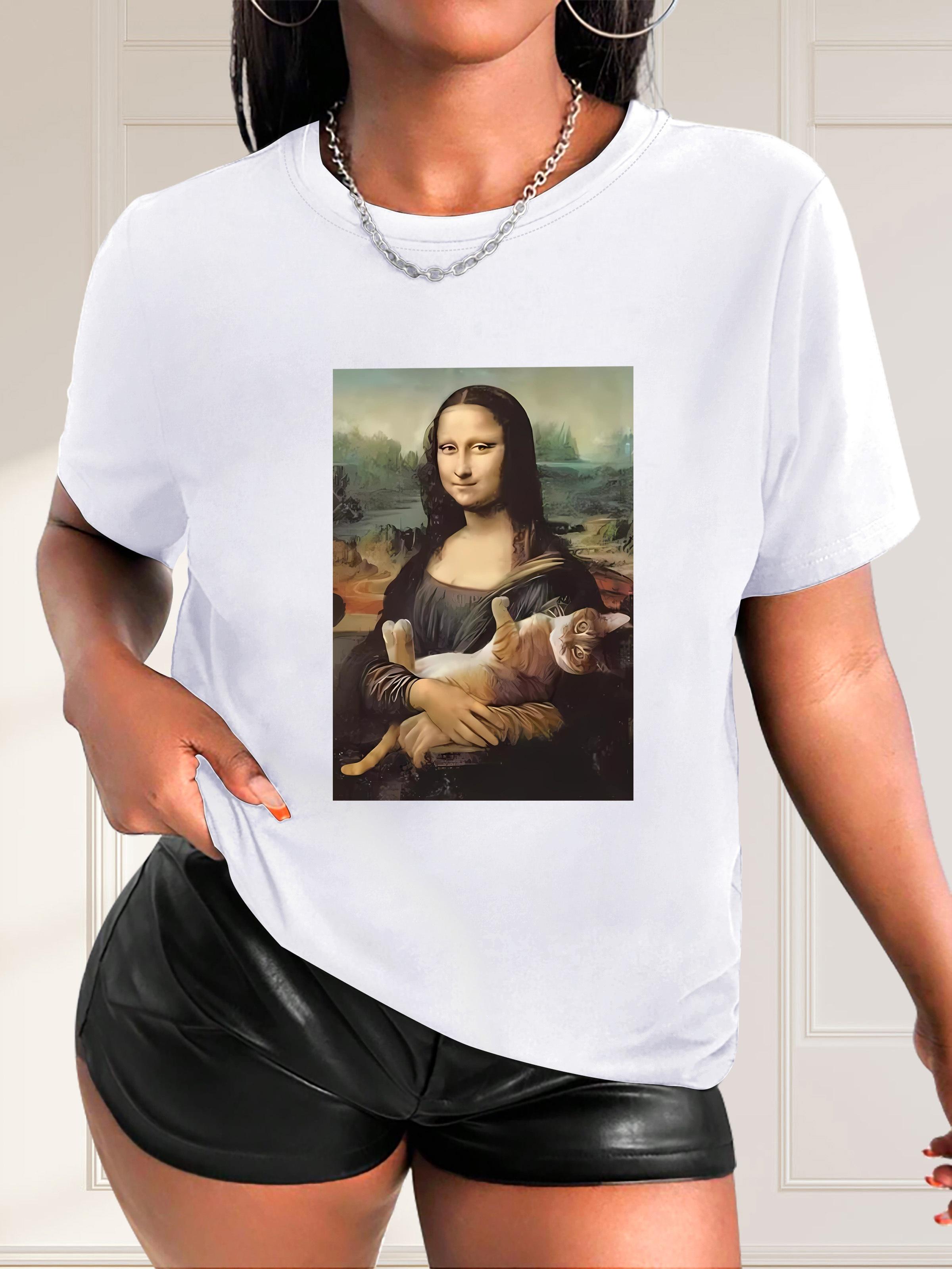 

Casual Unisex short T-shirt for women Oil painting Smooth and Kitten Artistic print Round neck black Women Harajuku S