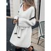 Women Lazy Style Lace Up Waist Loose V Neck Long Sleeve Midi Knit Dress