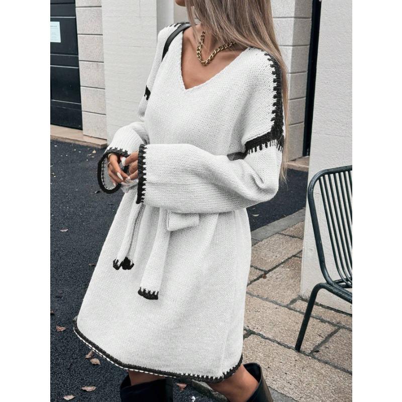 Women Lazy Style Lace Up Waist Loose V Neck Long Sleeve Midi Knit Dress