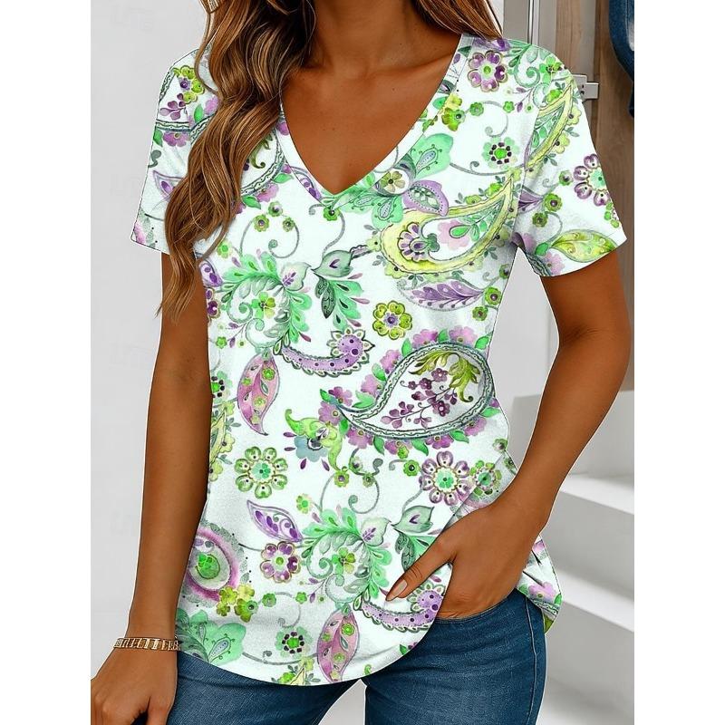 

Fresh Botanical Paisley Print Casual T Shirt V Neck Short Sleeve Tee For Women Summer Holiday Travel And Daily Outfits S