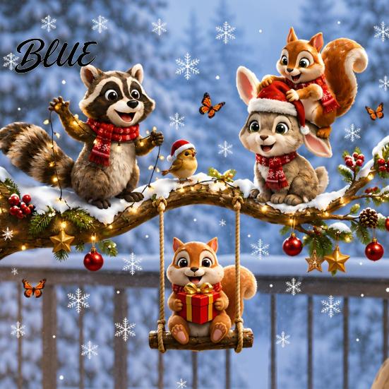 Kids Room Window Ornaments Christmas Animals Clings Raccoon Squirrel Rabbit and Bird on Branch Static Glass Stickers for Decals Bedroom Living