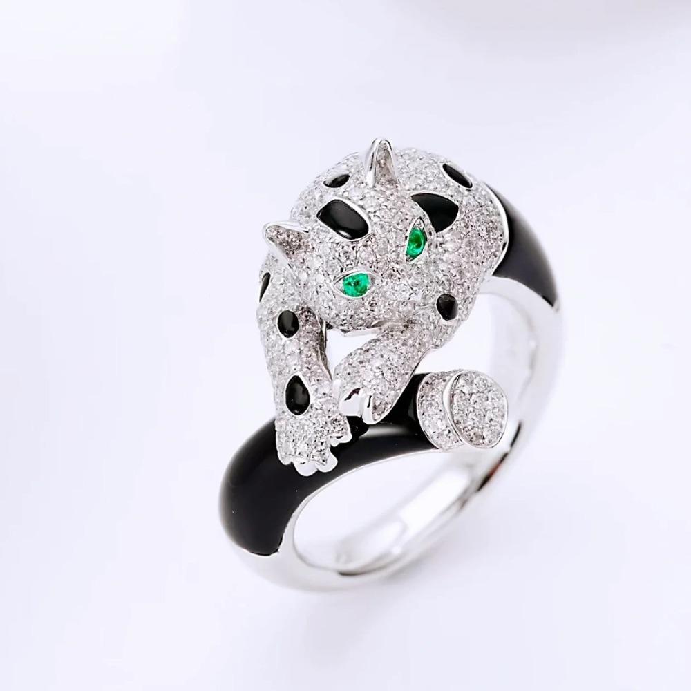 Nastavitelný Otevřený Leopardí Prsten pro Ženy Luxusní Styl Plně Osázený Diamanty Panther Prsten Elegantní Šperk