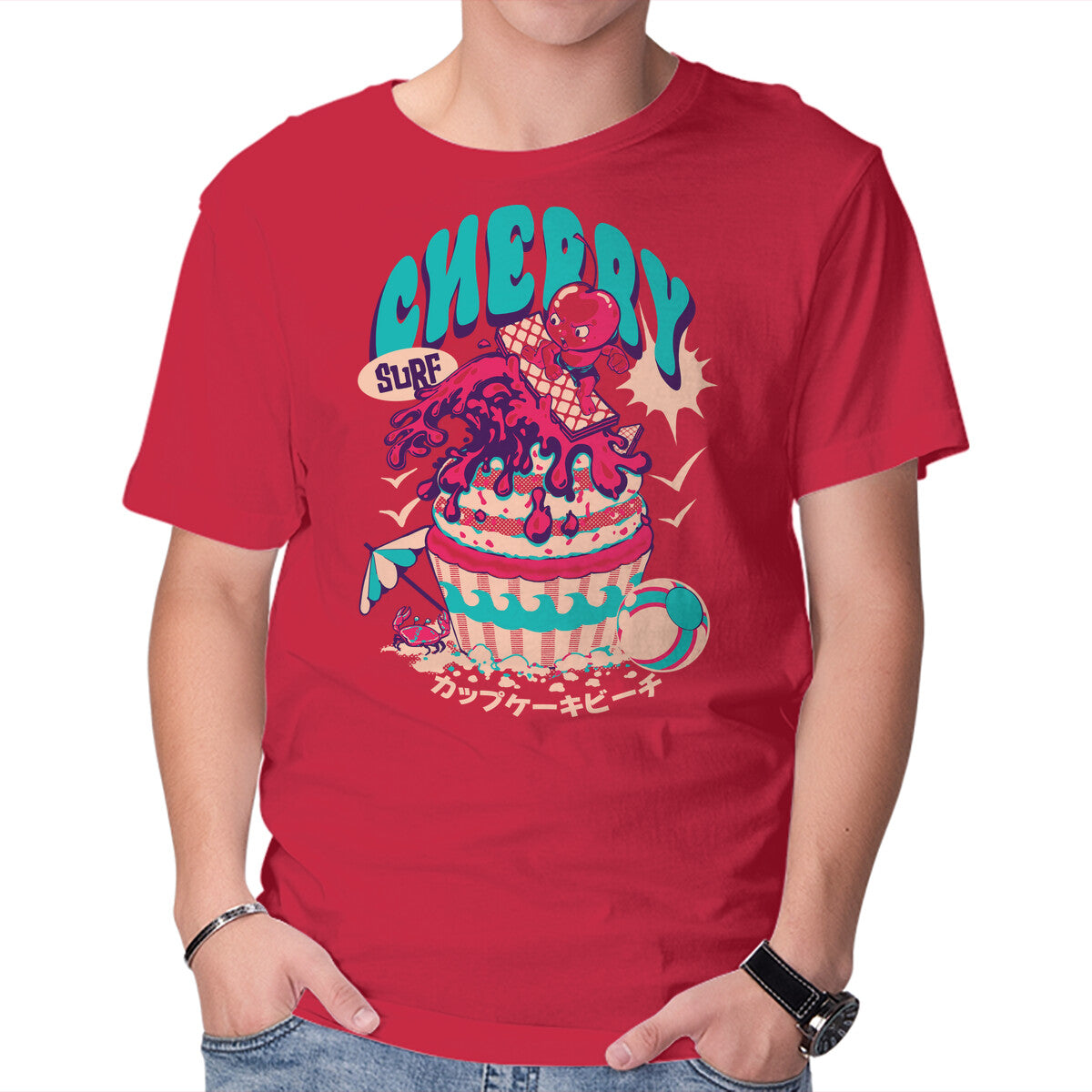 Unisex Crew Neck T-Shirt Cherry Surf Graphic Short Sleeve Casual Tee M