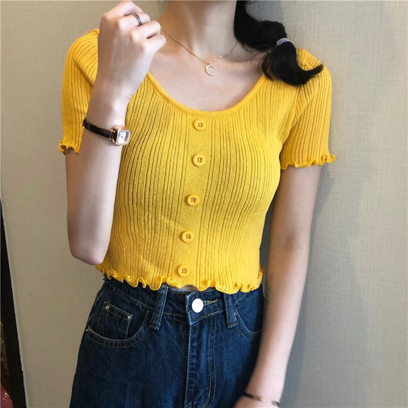 Solid Color Wood Ear Edge Summer Short Knit Round Neck Lace Short-sleeved Women's Top Slim Thin Knitwear Casual Essential Slim Fit Pullovers Tees