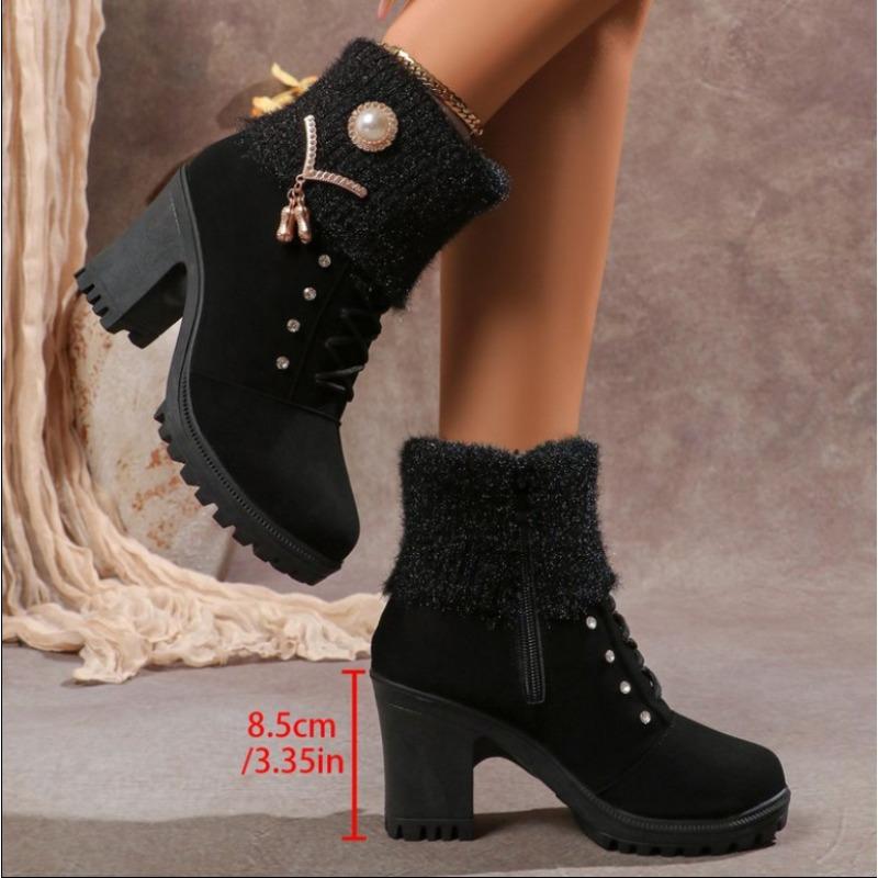 

Женские Зимние Дизайнерские Туфли на Высоком Каблуке для Женщин 2025 Новые Короткие Плюшевые Ботильоны на Высокой Платформе Элегантные Botas Mujer 39 чёрный