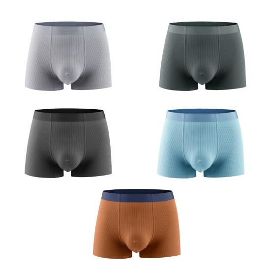 Men Boxer Underwear Elastic Mid-Waist Design Patchwork Color Ribbed U-Convex Shorts Briefs Smooth Texture Panties