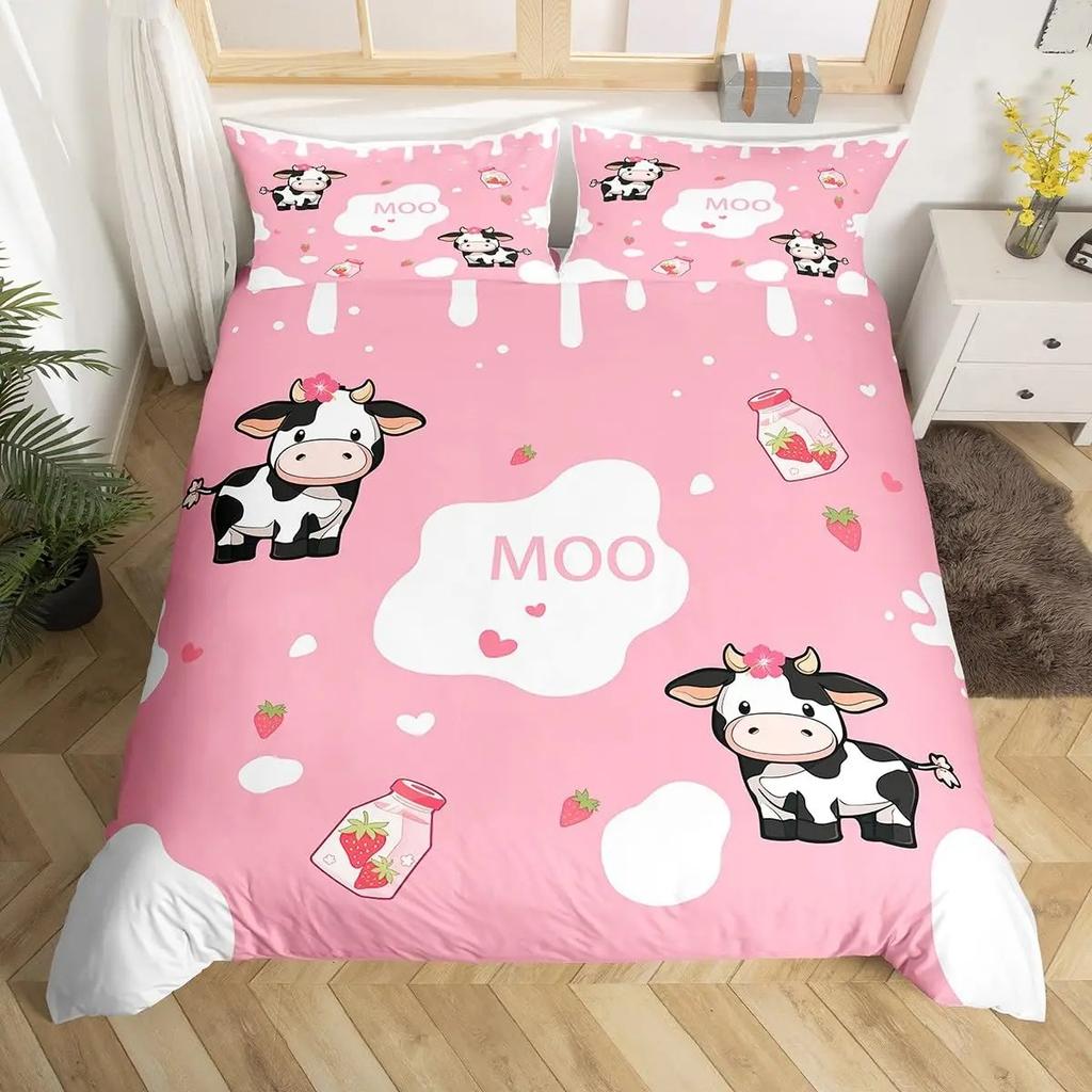 Sweet Strawberry Milk Duvet Cover King Queen Cute Bear Bedding Set Cartoon Fruits Animals Comforter Cover with 2 Pillowcases
