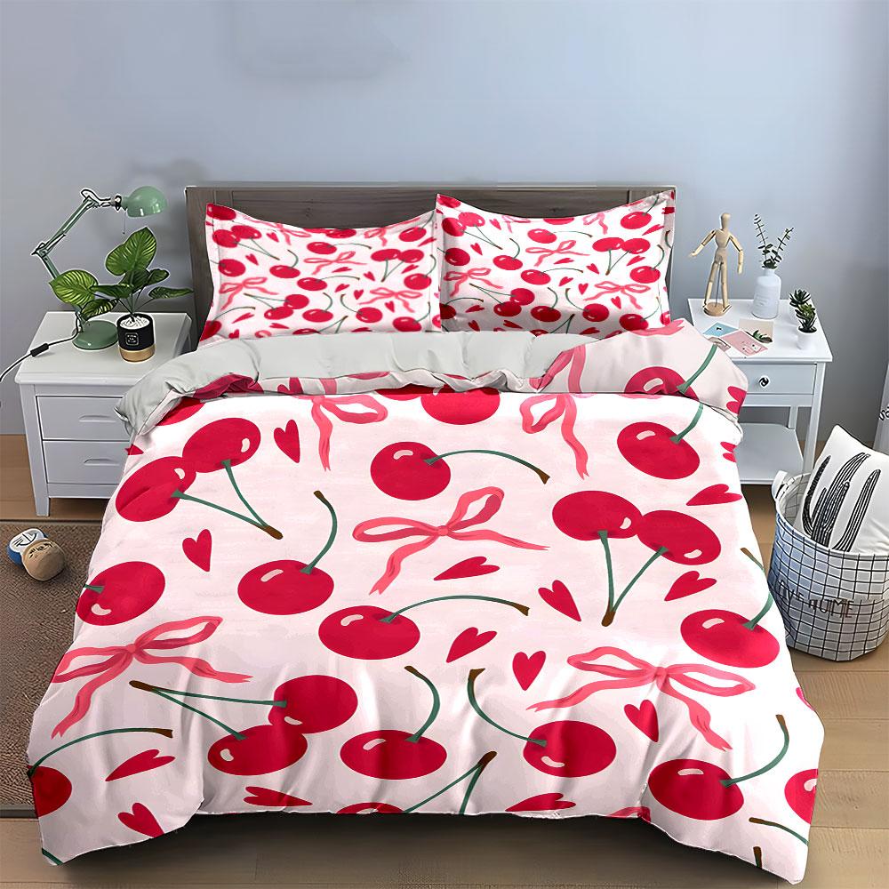 Cherry Pattern with Pink Bows Bedding Duvet Cover Set  (1*Duvet Cover 2*Pillowcases, without duvet insert)