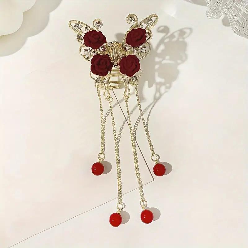 

Ретро Красный бархат Роза Бабочка Коготь Роскошные Стразы Кисточка Заколка Для Волос Краб Заколки Для Женщин Аксессуары Для Волос Французский Головной Убор горький липового