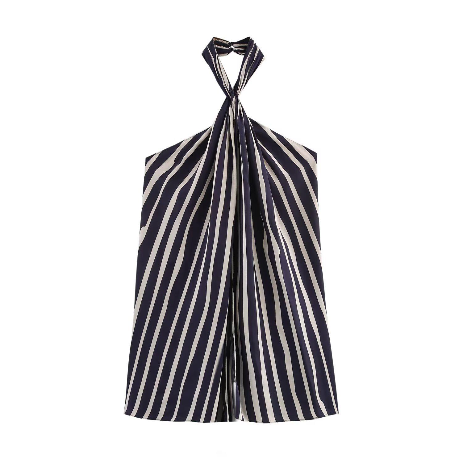 

2025 Spring/Summer Women s Slim-Fit Halter Neck Striped Top Extra Small