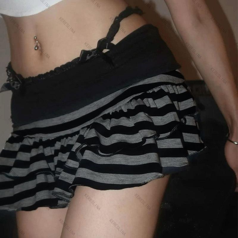 Nuova Collezione Estiva 2026 Abbigliamento Donna Y2K Grunge Minigonna a Balze Nera e Grigia Vita Alta Vita Elasticaaderente Gonna a Svasatura