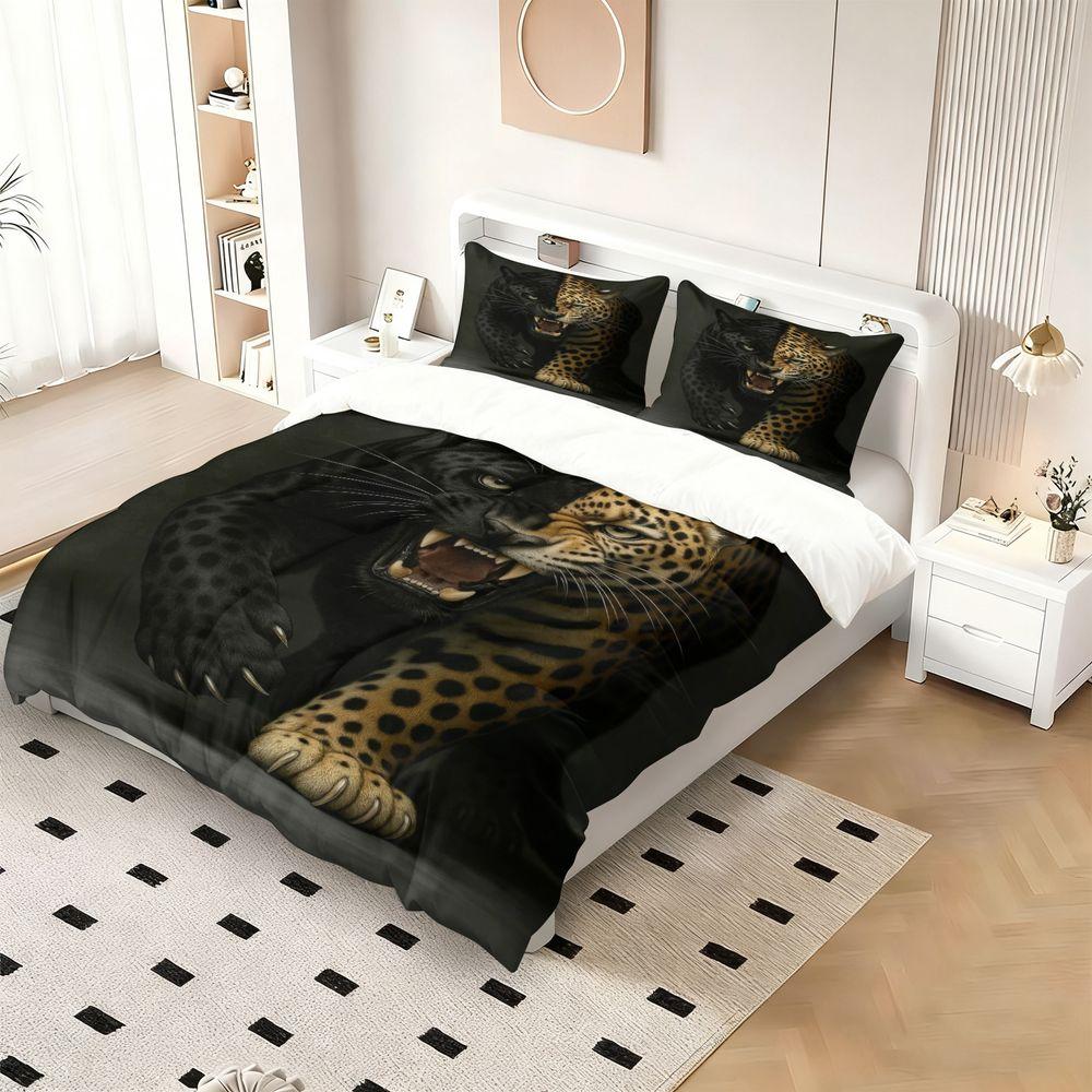 Face Jaguar Bedding Set(1 Duvet Cover & 1/2 Pillowcase) 3D Animal Print Bed Set Fierce Predator Style Soft Bedroom Decor