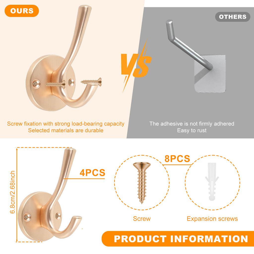 4PCS Hooks Coat Hooks Wall Mounted Clothes Hanger Storage Bedroom Towel Robe Hook for Bedroom Kitchen Balcony Entrance