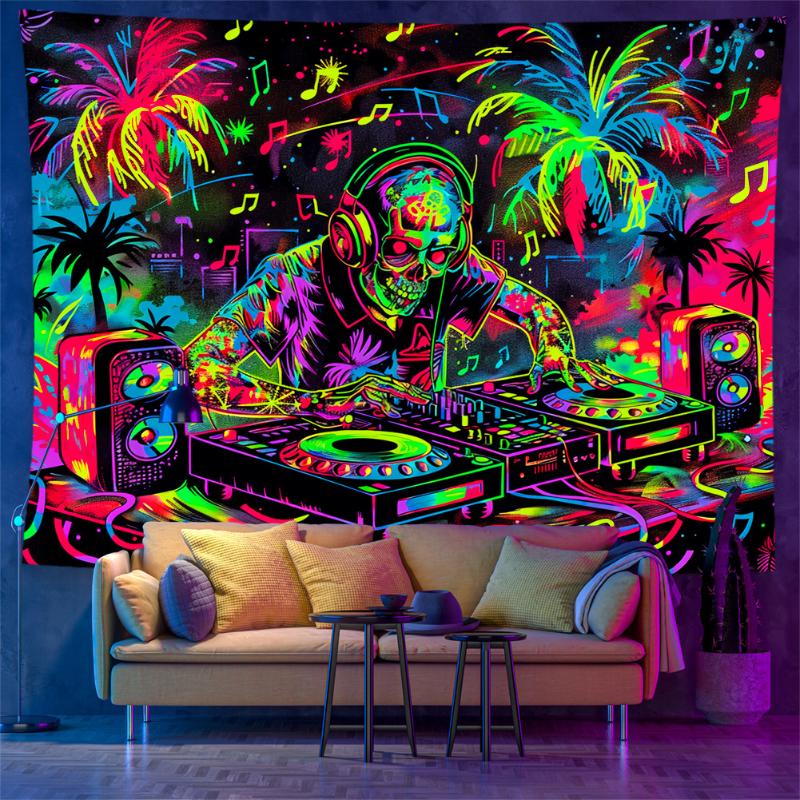 Blacklight Psychedelic Tapestry DJ Skull Neon Palm Tree Print Trippy Wall Hanging Rave Party Bedroom Decor