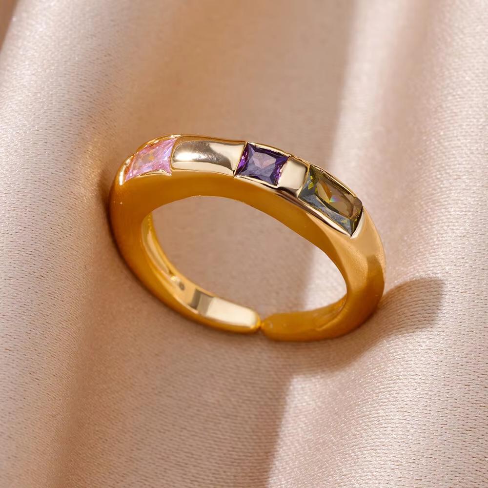 Luxry Colorful Zircon Opening Rings For Women Stainless Steel Gold Color Irregular Geometric Shiny Crystal Ring Fashion Zircon