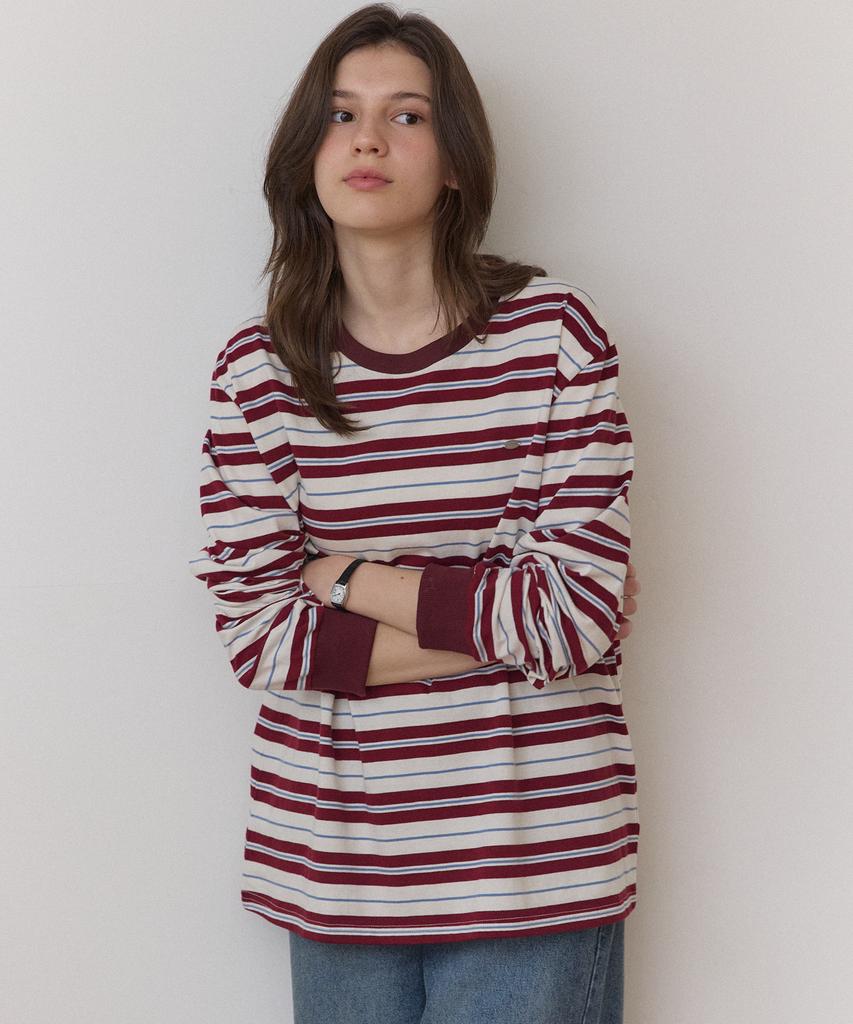OURHOPE Oversized Logo Striped Sleeve T-Shirt - Burgundy