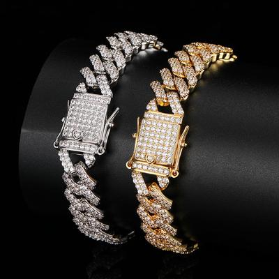 Hip Hop Shining Fashion Style 12MM Wide Buckle Diamond Cuban Necklace Bracelet Set with 5A Zircon Exquisite Jewelry