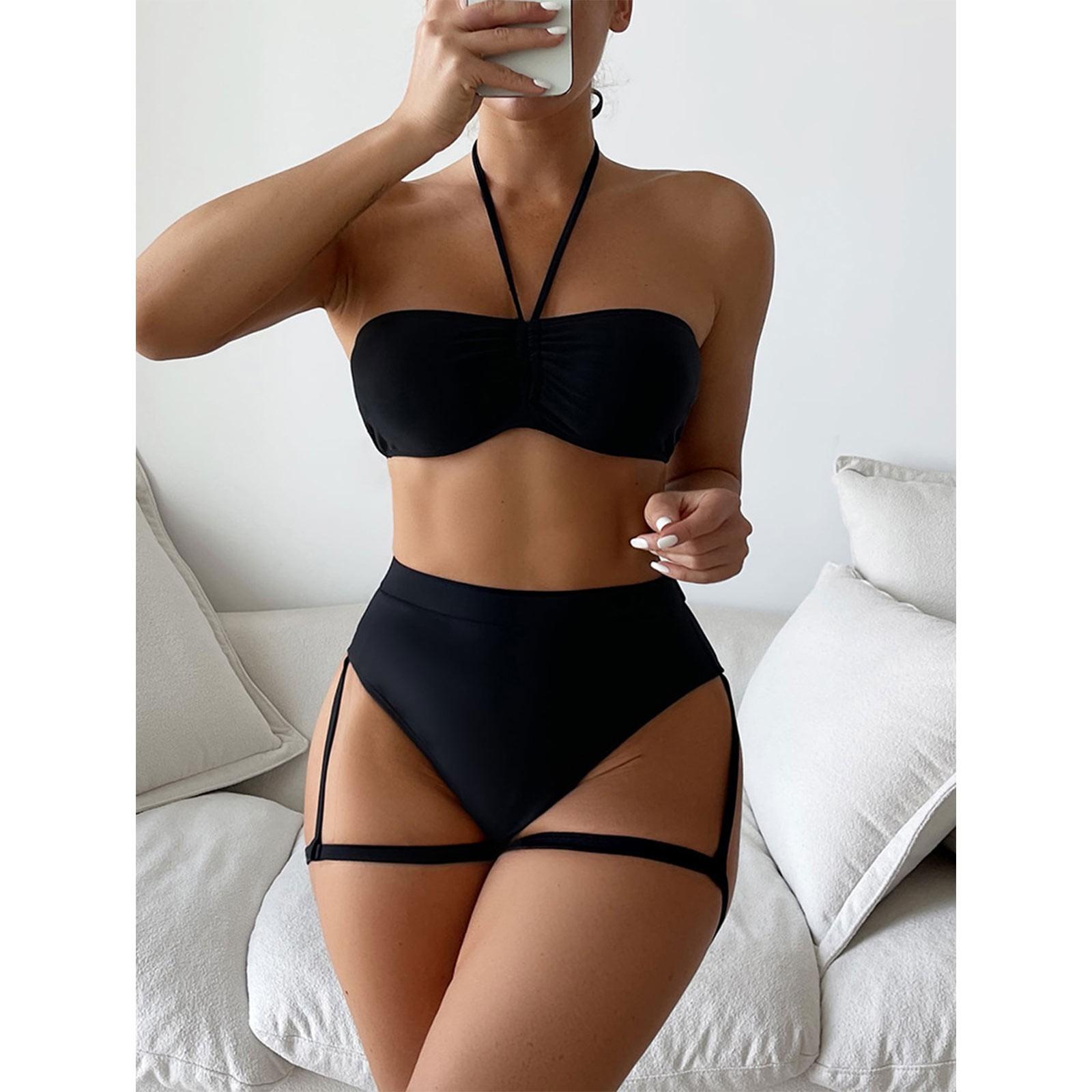

Женский повседневный сплошной цвет бикини с разрезом на бретельках и высокой талией Купальники S чёрный