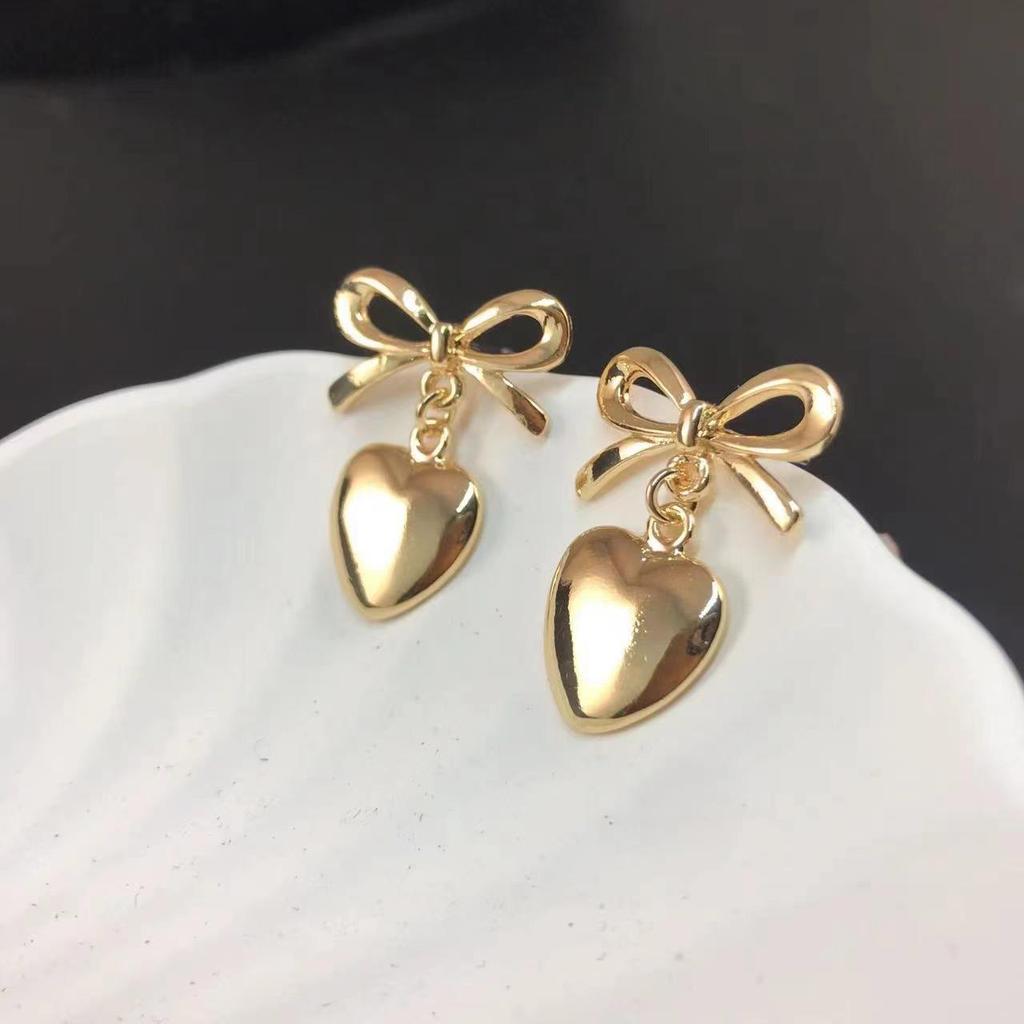 Heart Pendant Bow Stud Earrings for Women - High-end Feel Accessory