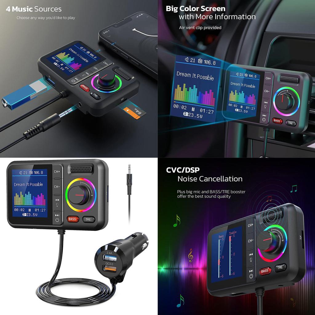 Handfree Call Car Wireless Adapter FM Transmitter with MP3 Playback and PD20W Fast Charge Support Intelligent Charging