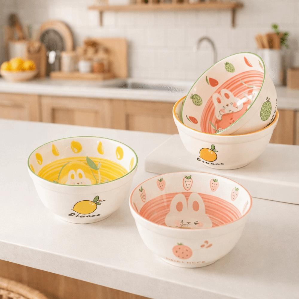 Under Glaze Color Rice Bowl Strawberry Rabbit Pattern Noodle Bowl Fruit Salad Bowl Tableware
