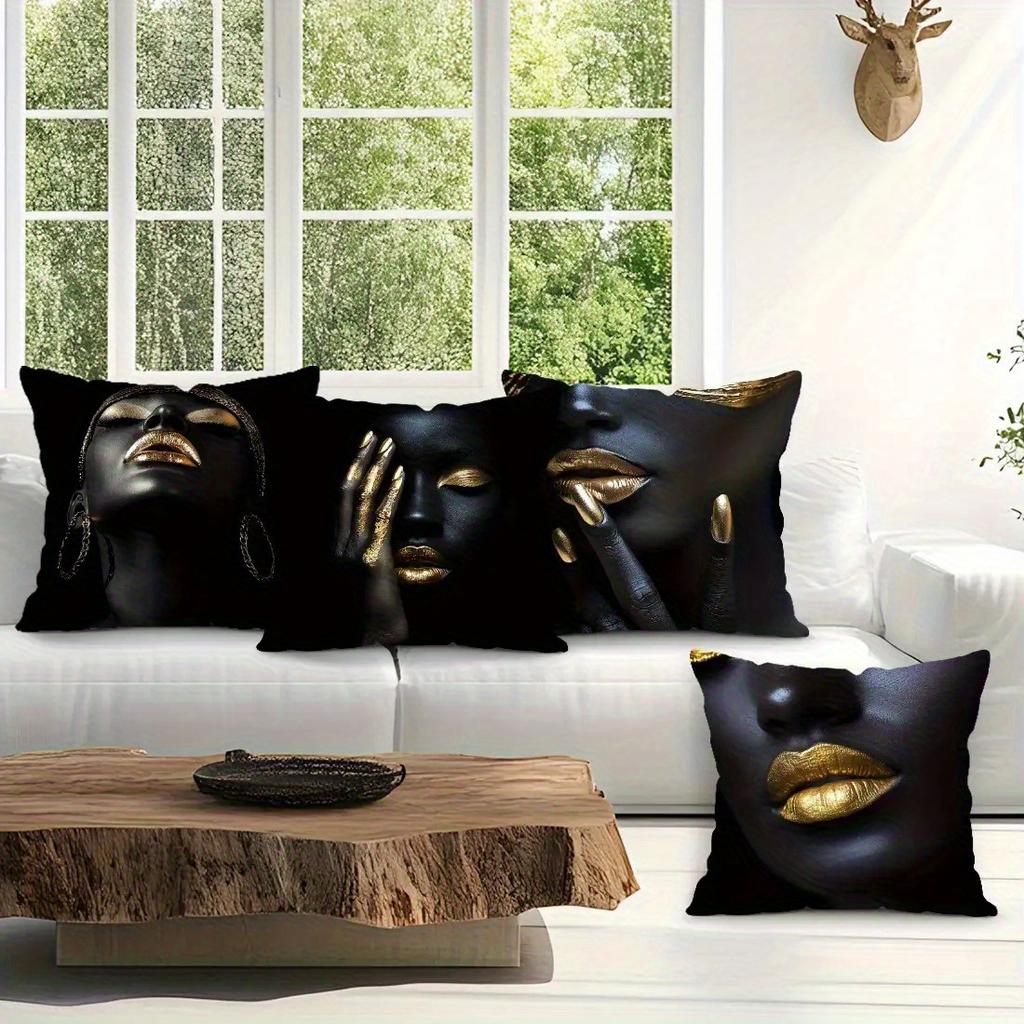 African Female Pattern Digital Printing Pillow Cover Short Plush Suitable Living Rooms Bedrooms Sofas Throw Cushion Cover 4Pcs