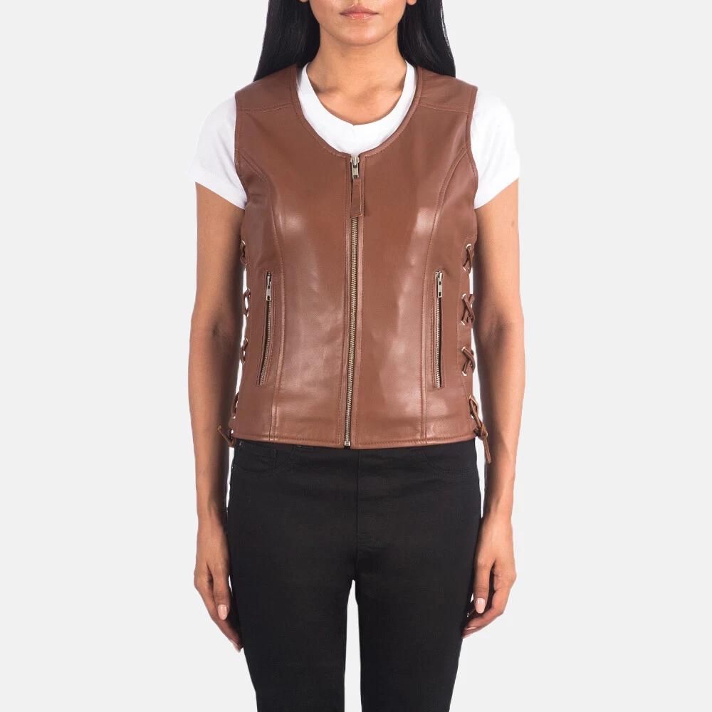 Side Lace Stylish Western Zip Waist Coat Women Vest Coat Brown Lambskin Leather