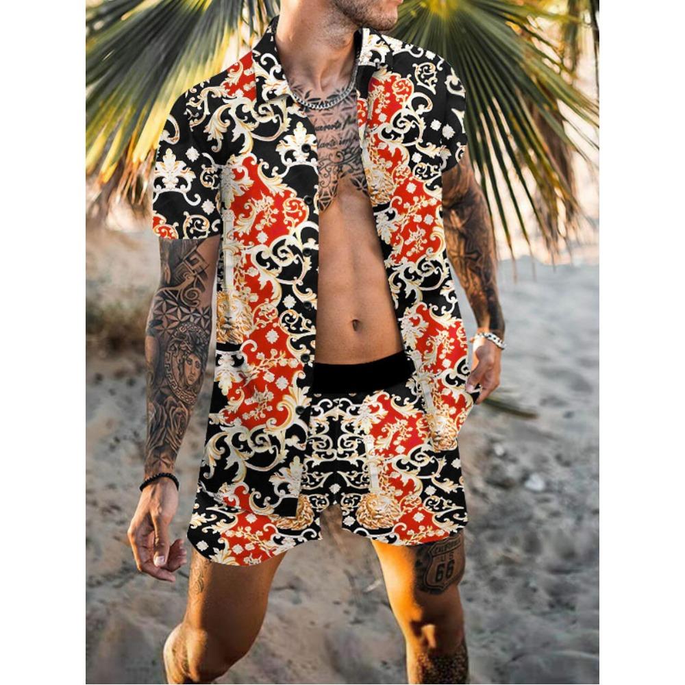 New Beach Set: Men’s Short-Sleeved Shirt and Shorts – Casual Printed Beach and Holiday Set