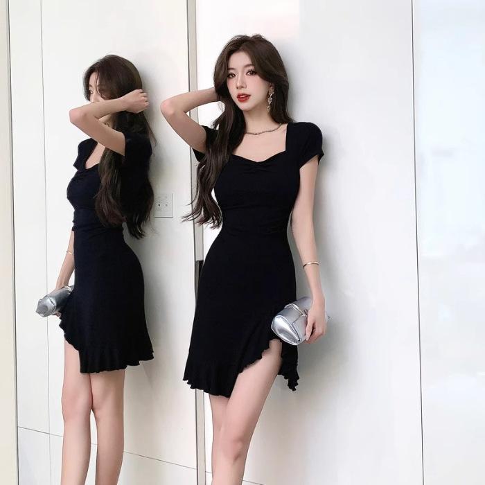 

Sexy hip-wrapped Spice Girl fishtail skirt irregular ruffle leaf temperament waist split square collar pure desire wind dress summer S чёрный