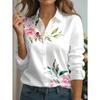 The New Fashionable Women's Casual Long-sleeve Shirt Features Symmetrical Decorative Prints of Pink Flowers and Green Leaves