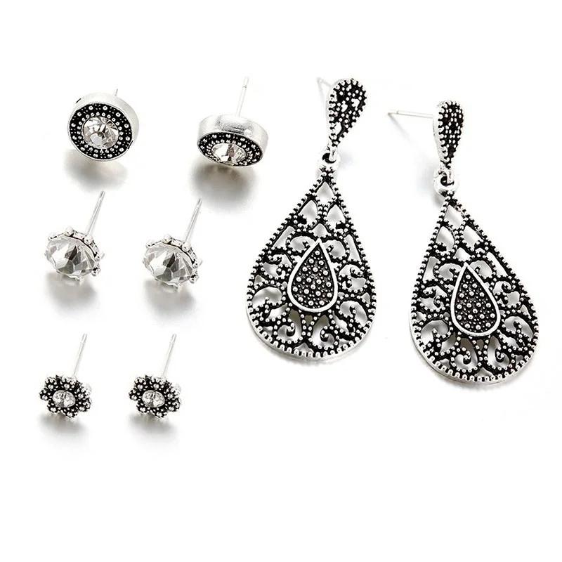 4Pair/Set Retro Drop Stud Earrings Set Drop Earrings Red Hollow Female Anniversary Trendy Waterdrop Earring  Accessories Gifts