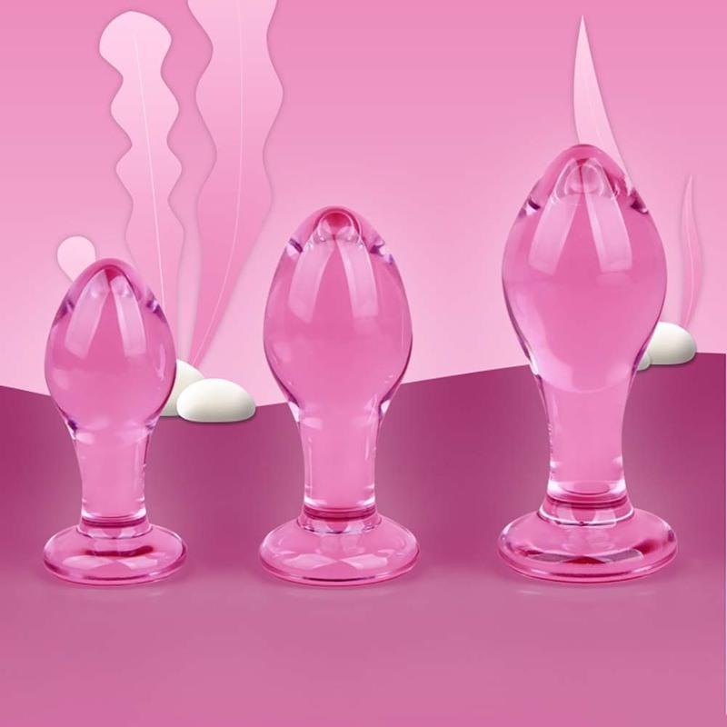 3pcs Small Anal Plug Smooth Glass Butt Plug Beginner Women Sex Toys Pink Glass Anal Plug Anchor/ Base Choose Prostate Massage