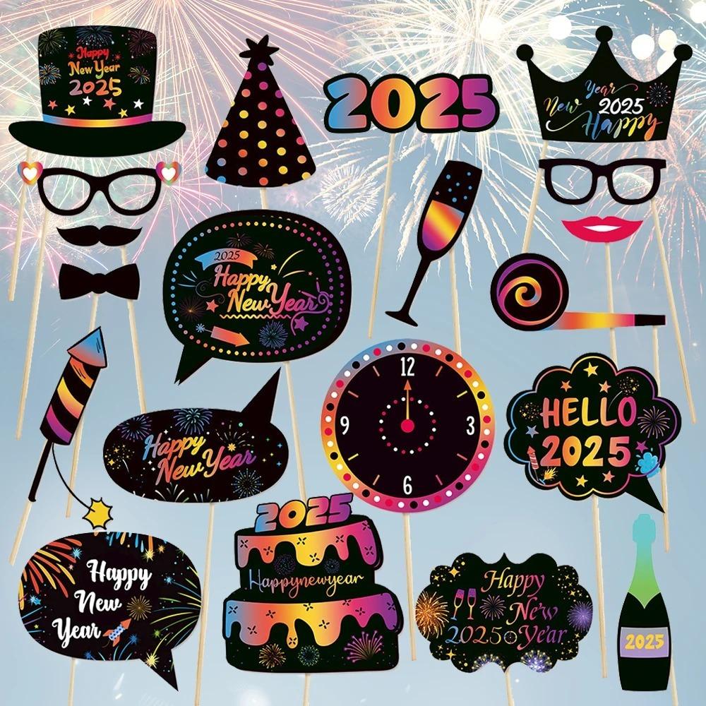 20pcs Colorful 2025 New Year Photo Booth Props Cartoon Happy New Year Decor  Birthday Party Supplies