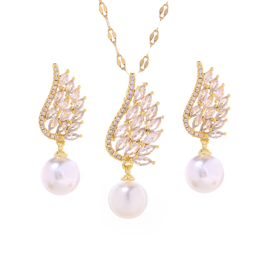 Full Diamond Feather Necklace Women'S Light Luxury Simple Ol Zircon Pearl Wing Set