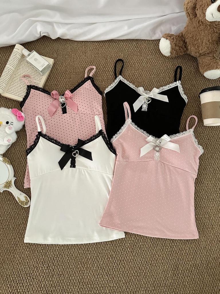 Women's Polka Dot Camisole Top with Fixed Straps, Chest Pads, Bow Knot & Lace Trim