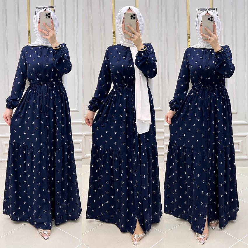 Women's Long Puff Sleeve Tie-Up Dress with Large Hem