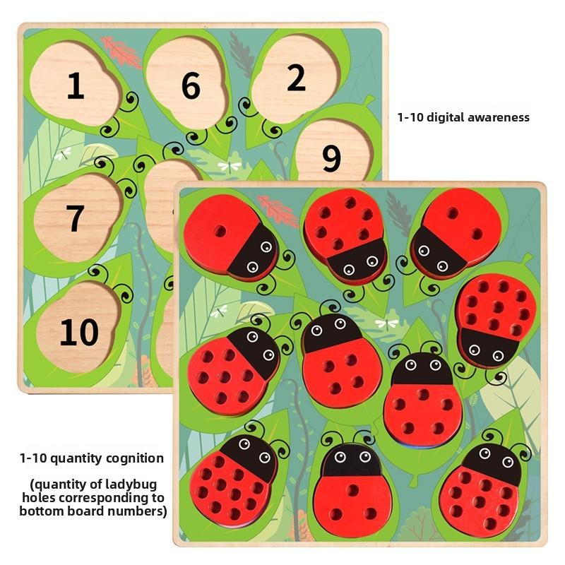 Fun Number Cognition Pairing Wooden Ladybug Stacked High Children Puzzle Toy For Early Childhood Learning