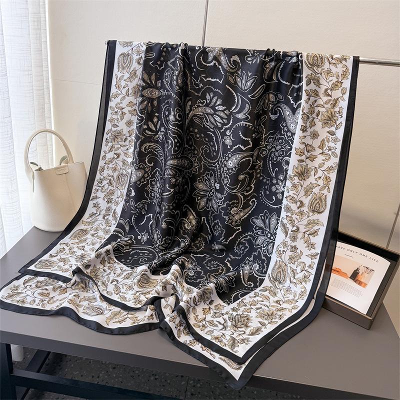Printed Imitation Silk Brocade Fashion Sunscreen Retro Style Silk Scarf Long Scarf Shawl Versatile Headscarf Scarf