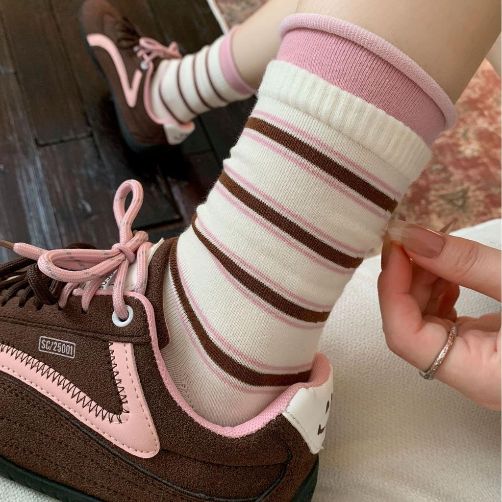 Splicing Striped Socks Children'S Medium Tube Socks Spring And Autumn Tide Contrasting Color Niche Stacking Stockings