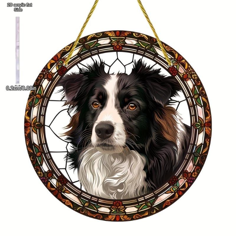 2D Flat Acrylic Border Collie Stained Glass Style Sun Catcher,Round Acrylic Window Hanging Decoration, Animal Theme, Home Decor for Living Room Office