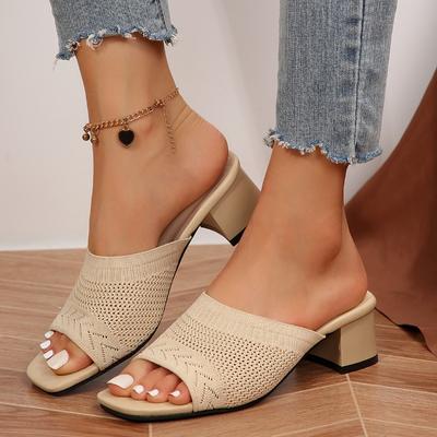 Fashion Block Heel Knitted Fashion Square Toe Open Toe Slip Slippers Women's New Summer Outside Wear All-match High Heels