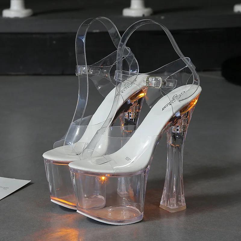 Fashion 34-43 new thick high heel night club shoes luminous sandals women's shoes walking show steel tube dance shoes crystal sole 17cm