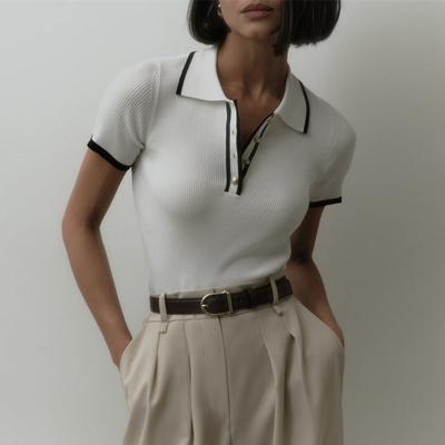 Maglione Lavorato a Maglia Pullover Donna Manica Corta Patchwork Slim Revers Elegante Maglieria a Contrasto Top Femminile Pullover Skinny a Coste