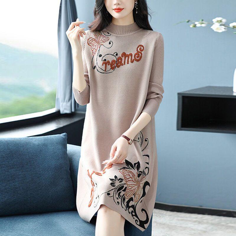 Women's Floral Knit Dress Loose Mid-length Thick Knit Sweater Dress Pullover Knit Dress