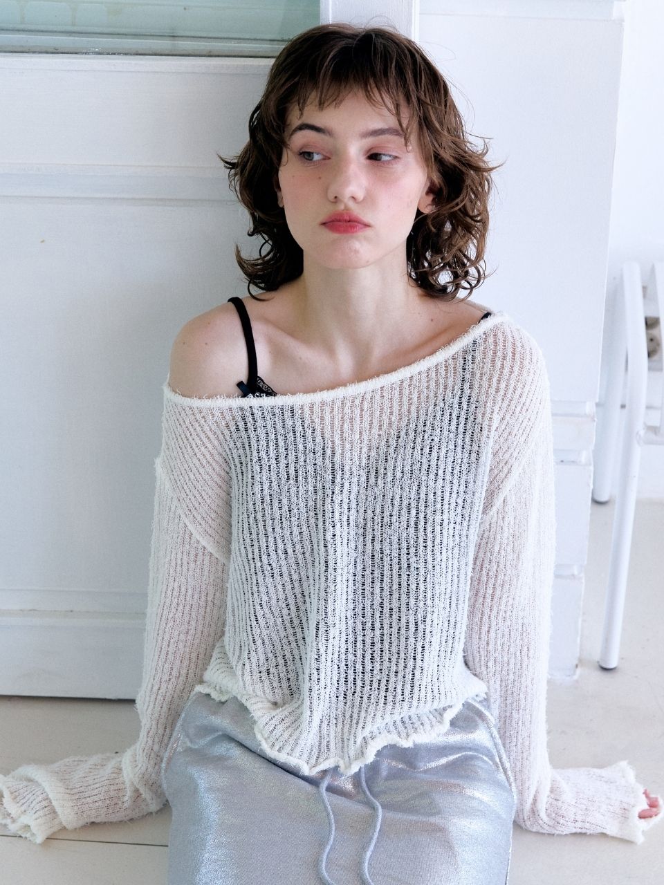 Fabric Seoul Ribbon Cotton Tail Boat Neck Knitwear_White White/Free