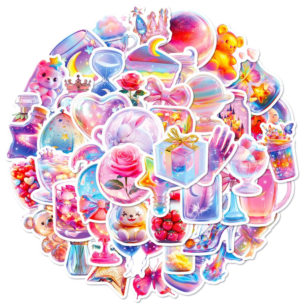 50 durchsichtige strukturierte Glasflaschen-Objektsticker Rosa Traum Hochwertige DIY-Dekorationssticker
