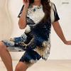 Women Plus Size Two Piece Outfit Crew Neck Short Sleeve Side Slit Top And Biker Shorts Rainbow Heart Print Set