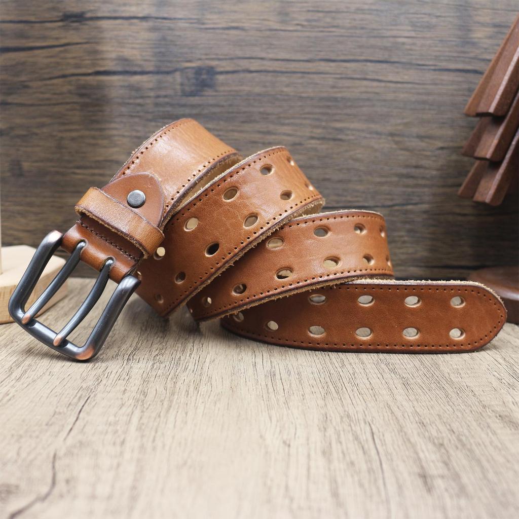Trendy Personalized Retro Leather Belt with Double Pin Buckle for Men